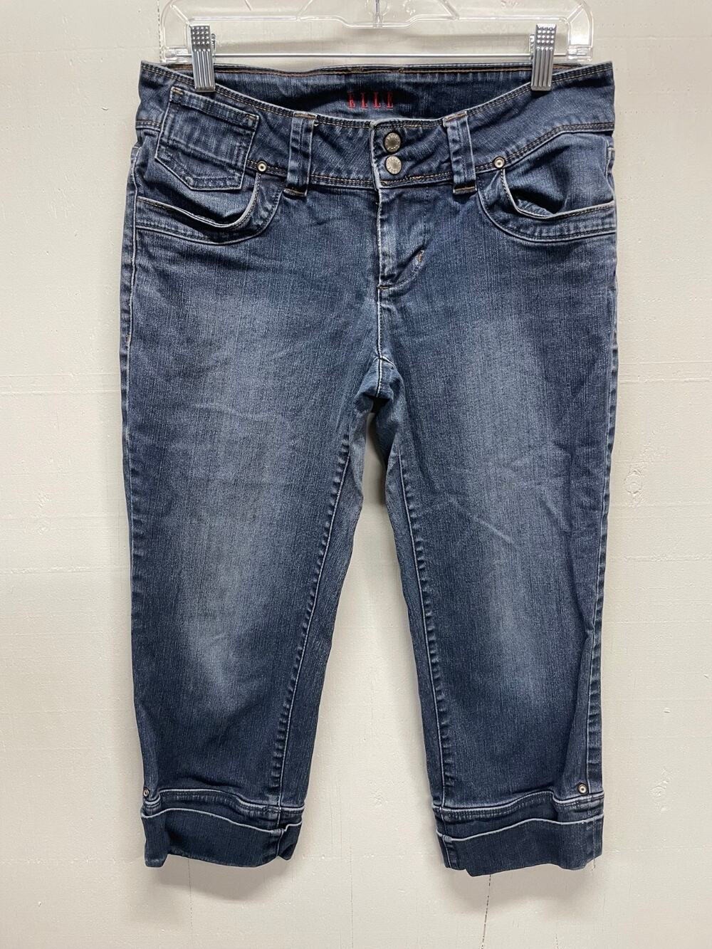 Elle Women's Cropped Denim Jeans Capris Size 6 Cuffed Hem Dark Wash